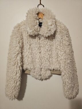 SHACI Cream Shaggy Faux Fur Cropped Bomber Jacket - Ring Zip - Size S